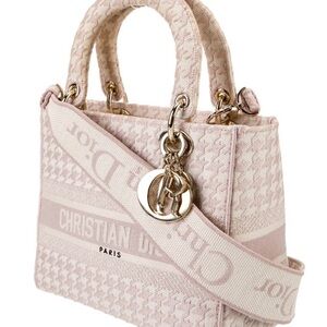 Dior Light Pink Lady Dior Embroidered Canvas Satchel with Gold Hardware